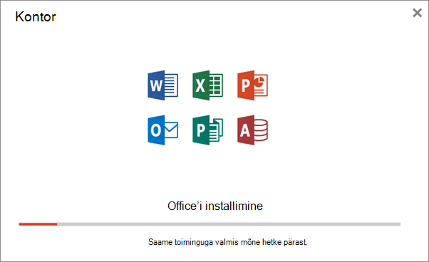 Kuvab Office’i installimise edenemise dialoogiboksi