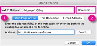 Office for Maci dialoogiboks Hyperlink (Hüperlink)