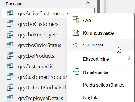 Right click menu options displayed from a query object in an Access database with the option SQL View selected