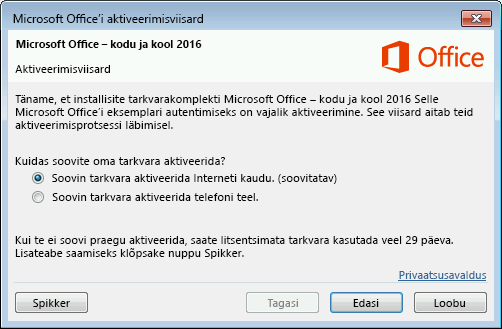 Kujutab Microsoft Office’i aktiveerimisviisardit