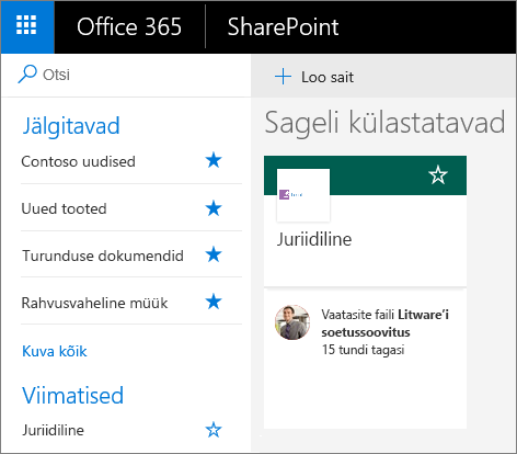 Pilt SharePointi kaasaegse režiimi avalehest.
