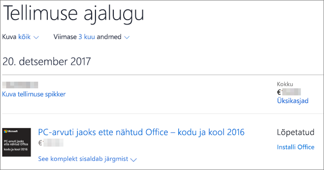 Kuvatakse Microsoft Store'i leht „Tellimuse ajalugu“