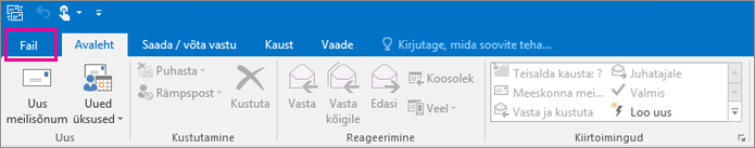 Selline näeb välja Outlook 2016 menüülint.