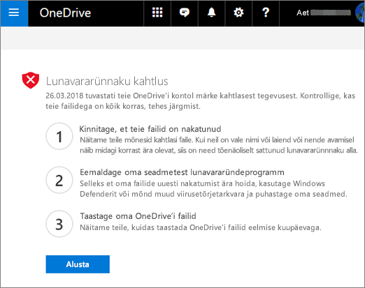 Kuvatõmmis OneDrive'i veebisaidil tuvastatud lunavara tunnuste kuvast