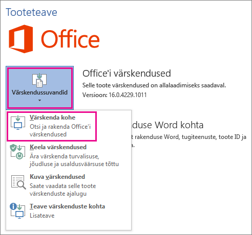 Office’i värskenduste käsitsi kontrollimine rakenduses Word 2016