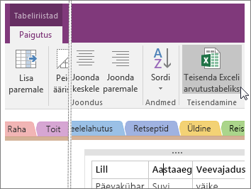 Kuvatõmmis rakenduse OneNote 2016 nupust „Teisenda Exceli arvutustabeliks”.