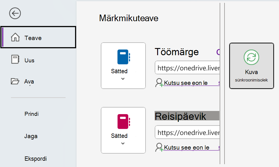 OneNote'i sünkroonimisoleku kuvamine Windowsis.