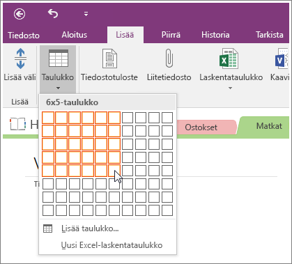 Näyttökuva taulukon lisäämisestä OneNote 2016:ssa.