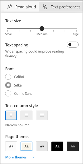 Microsoft Edge Syventävä lukuohjelma tekstiasetukset.