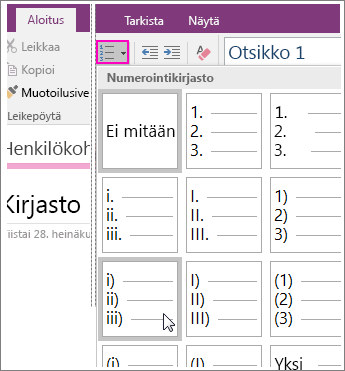 Numeroinnin lisääminen sivulle OneNote 2016:ssa