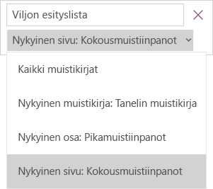 Näyttää avattavan hakuvalikon, jossa on haun laajuuden asetukset, nykyinen sivu on aktiivinen.