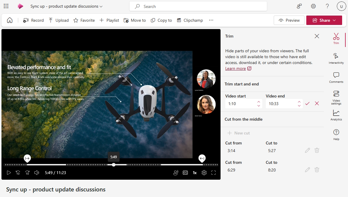 Microsoft Stream -soitinsivu, jossa on rajauspaneeli avattuna. Videota on leikattu, mikä antaa sille uuden aloitus- ja päättymisajan sekä kaksi leikkausta videon keskeltä.