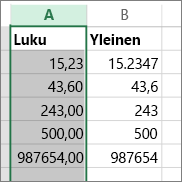 esimerkki siitä, miten luvut esitetään eri muodoissa, kuten Luku- ja Yleinen-muodossa