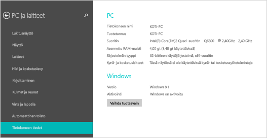 Tietokoneen asetusten PC-tietosivu