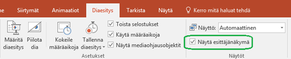 PowerPointin diaesitys sisältää valintaruudun, jolla voi määrätä, käytetäänkö esittäjänäkymää, kun esitystä näytetään muille.