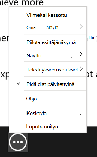 Lisää diaesityksen asetuksia valikko esittäjänäkymässä.