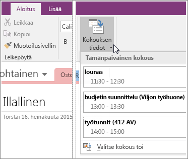 Näyttökuva Kokoustiedot-painikkeesta OneNote 2016:ssa.