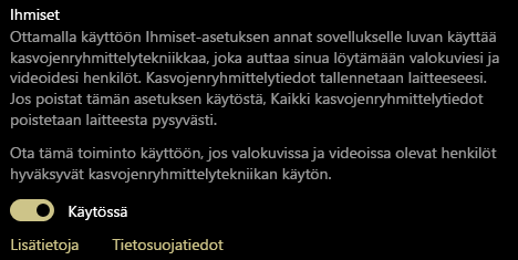 Näyttää Ihmiset-asetuksen käytössä- ja ei käytössä -painikkeen.