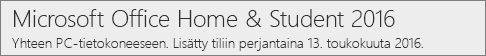 Miten Office.com/myaccount näyttää Office 2016:n PC-version