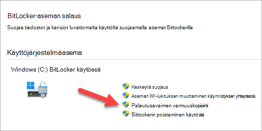 BitLocker-salauksen hallinta -sovellus, jossa nuoli osoittaa BitLocker-palautusavaimen varmuuskopiointivaihtoehtoon.