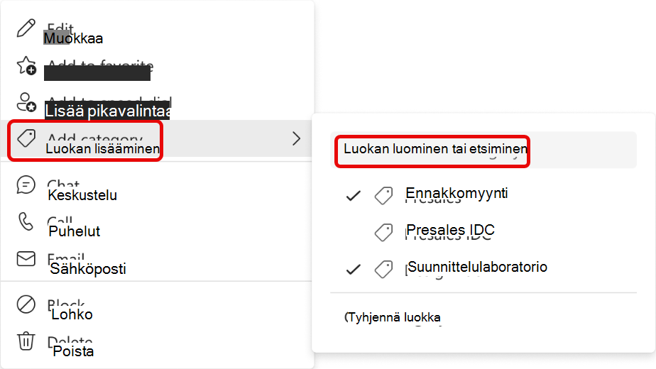 Näyttökuva lisää yhteyshenkilö luokkaan -valikosta