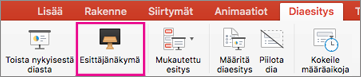 Esittäjänäkymä Diaesitys-välilehdessä