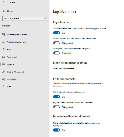 Tekstiehdotusten vaihtoehto kirjoitettaessa Windows