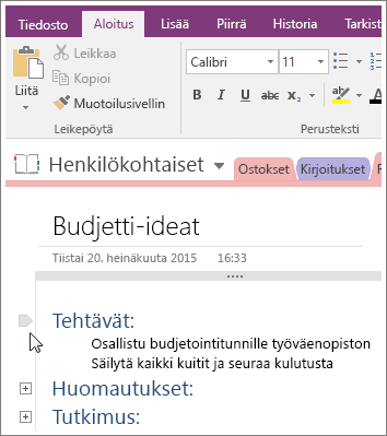 Näyttökuva jäsennyksen tiivistämisestä OneNote 2016:ssa.