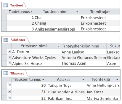 Näyttökuvat tuote-, asiakas- ja tilaustaulukoista