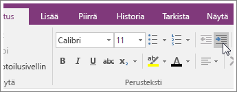 Näyttökuva Suurenna sisennystä -painikkeesta OneNote 2016:ssa.