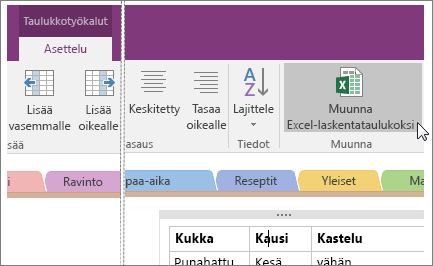 Näyttökuva Muunna Excel-laskentataulukoksi -painikkeesta OneNote 2016:ssa.