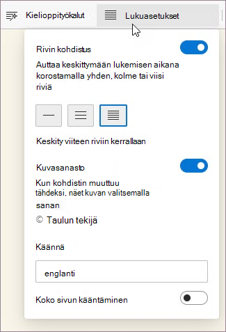 Syventävä lukuohjelma lukuasetukset