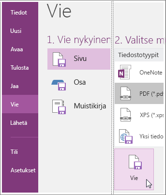 Näyttökuva muistiinpanosivun viemisestä OneNote 2016:ssa.