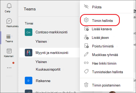 Hallitse tiimejä Teamsissa.