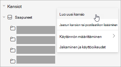 Näyttökuva Luo uusi kansio valittuna kansioruudun Lisää asetuksia -valikossa