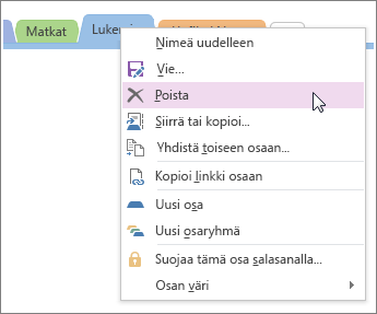 Näyttökuva osan poistamisesta OneNote 2016:ssa.