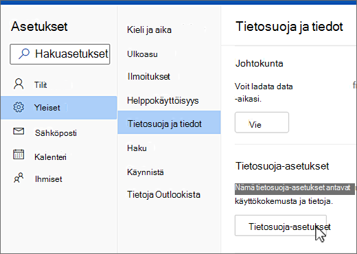 Asetusten yleinen tietosuoja- ja tietovalikko