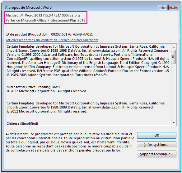 Fenêtre À propos de Word 2013