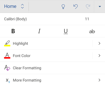 Options de mise en forme de police dans Word pour Android.