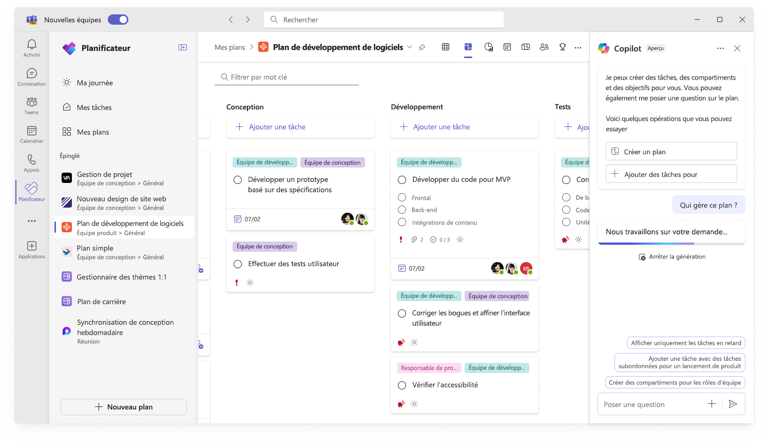 Capture d’écran montre l’interface utilisateur de Copilot dans le suivi de la progression du Planificateur.