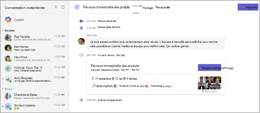 Capture d'écran montrant les fonctionnalités de récapitulation de réunion dans une discussion de réunion.