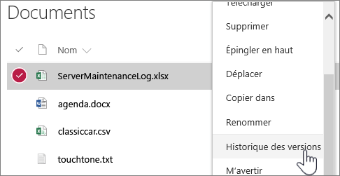 Menu contextuel d’une bibliothèque de documents avec l’option Historique des versions mise en évidence