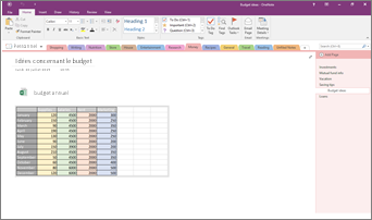 Capture d’écran d’un bloc-notes OneNote 2016 avec une feuille de calcul Excel incorporée.