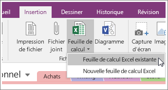 Capture d’écran du bouton Insérer une feuille de calcul dans OneNote 2016