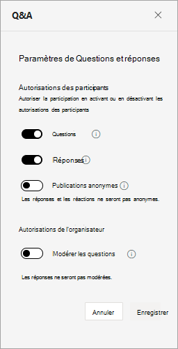 Capture d'écran présentant les paramètres Q&R pendant une assemblée