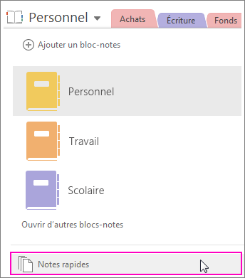 Capture d’écran du volet Blocs-notes de OneNote 2016 avec les Notes rapides mises en évidence