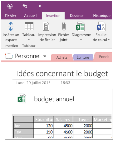 Capture d’écran d’une feuille de calcul incorporée dans OneNote 2016