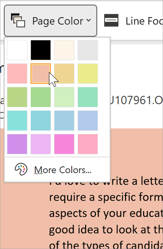 capture d’écran du menu déroulant couleur de page pour le lecteur immersif. Une palette de couleurs s’affiche et l’arrière-plan visible derrière la liste déroulante est orange pastel