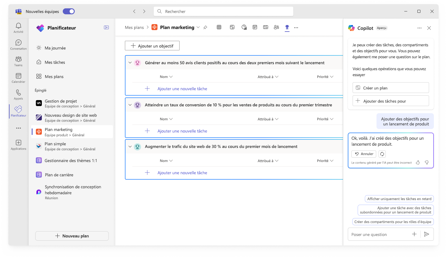 Capture d’écran montre l’interface utilisateur de Copilot dans Planificateur en train de créer des objectifs.