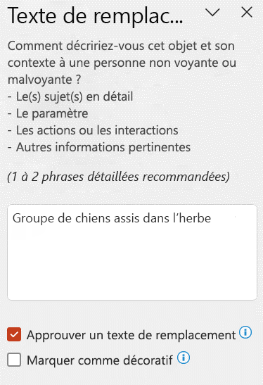 Texte de remplacement automatique affiché dans le volet Texte de remplacement avec la case à cocher Approuver le texte de remplacement sélectionnée.